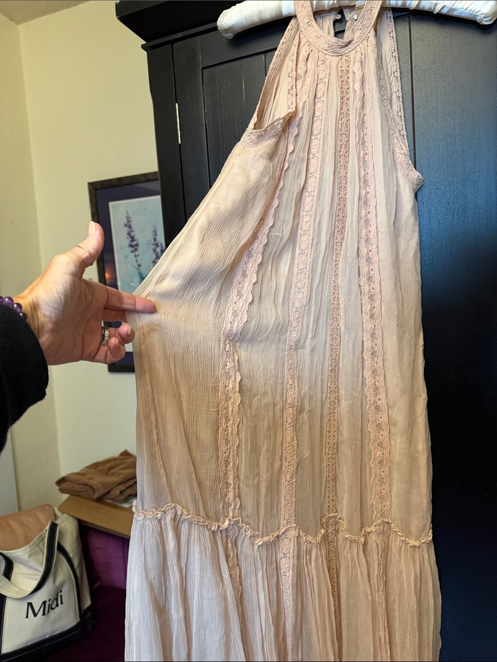 Sundance Sleeveless Lace-Trim Maxi Dress in Blush Beige